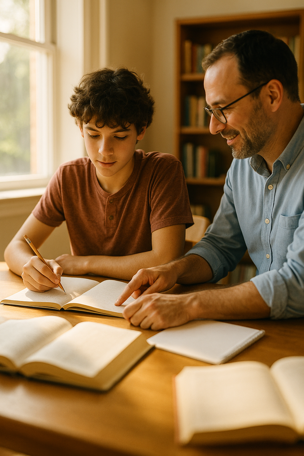 Tutor and student at a table with books, warm natural lighting